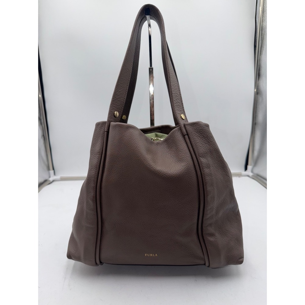 Furla Taupe Pebbled Leather Tote Bag Shoulder Hobo Gold Hardware Brown